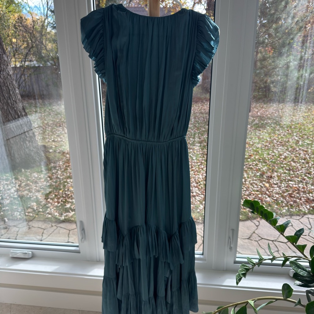 Ulla Johnson Plunge Neckline Midi Dress Teal Ruffle Hem Size XS / US 2 - Picture 4 of 6